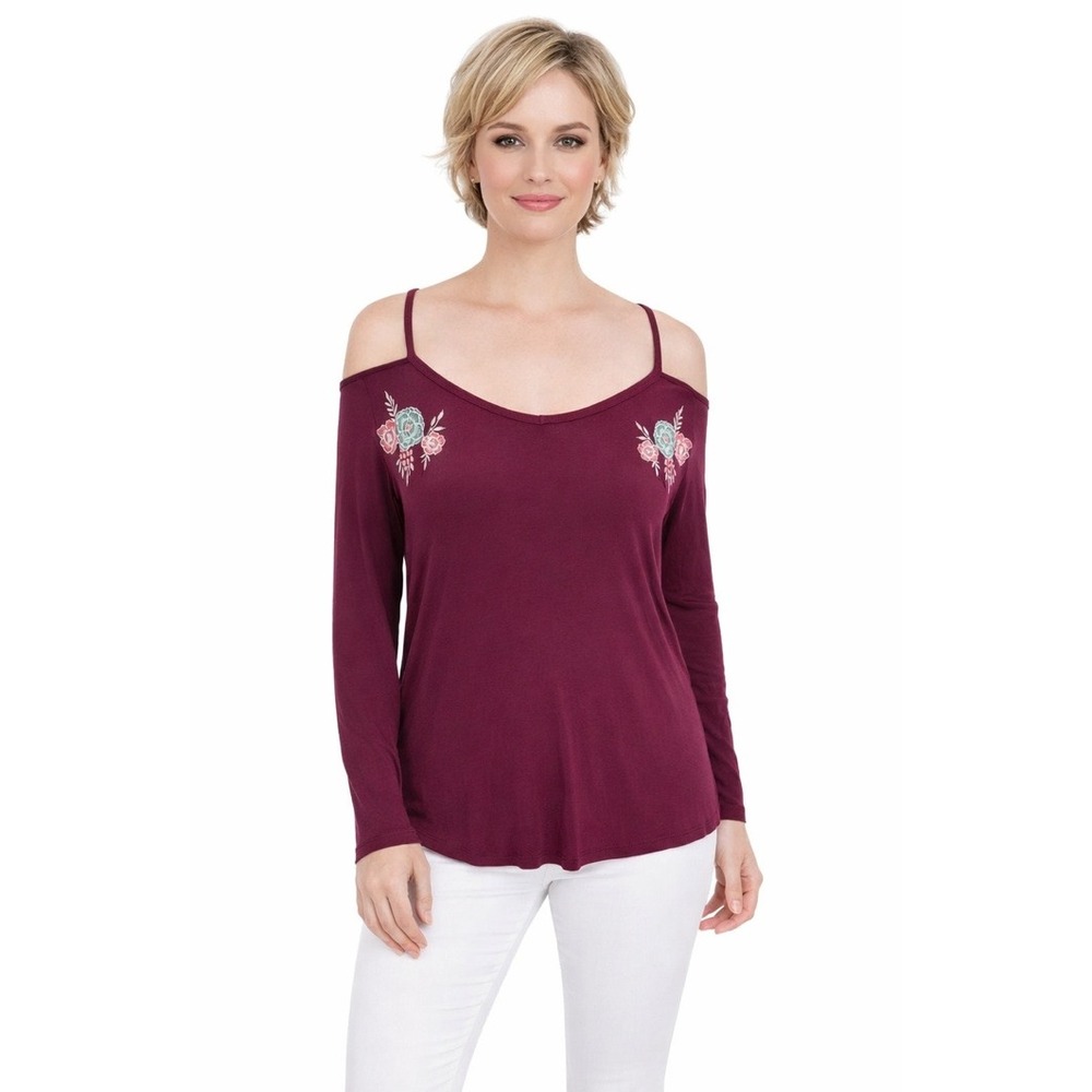 Pink Rose Off Shoulder SZ‎ L NWT Deep Burgundy Red Floral Embroidered Knit Top
